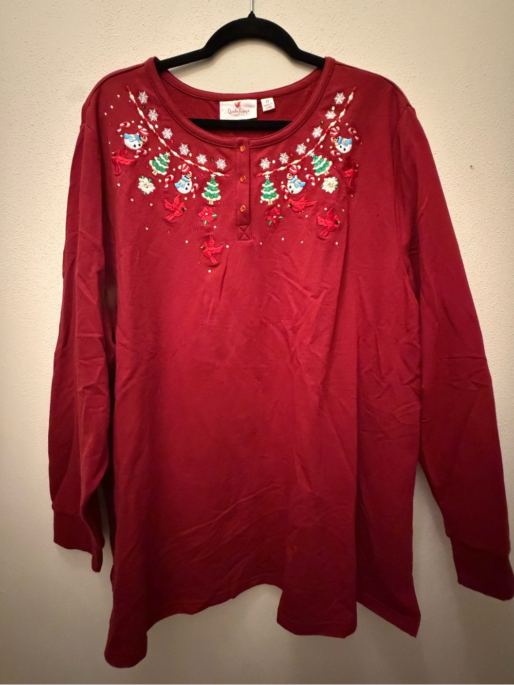 Quacker Factory Red Embroidered Holiday Sweatshirt Top
